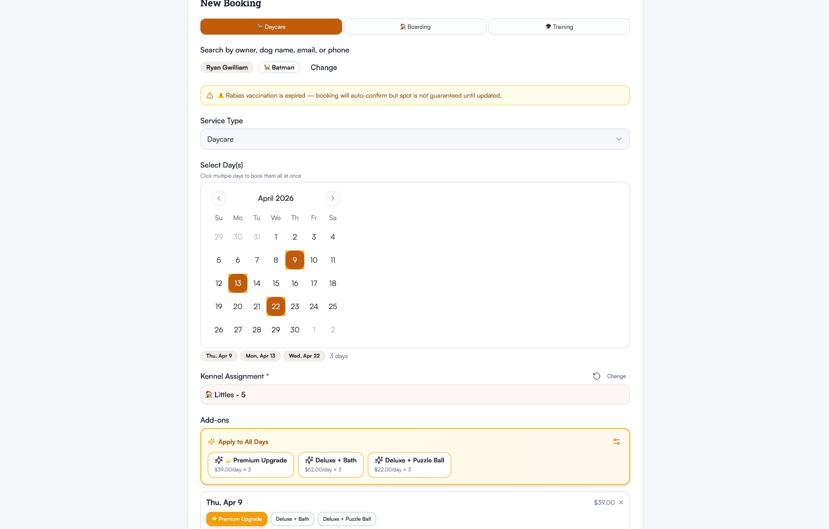 Dog Command Center booking flow showing Daycare service type, multi-day calendar selection, kennel assignment with recommended kennels, and add-on packages with per-day pricing