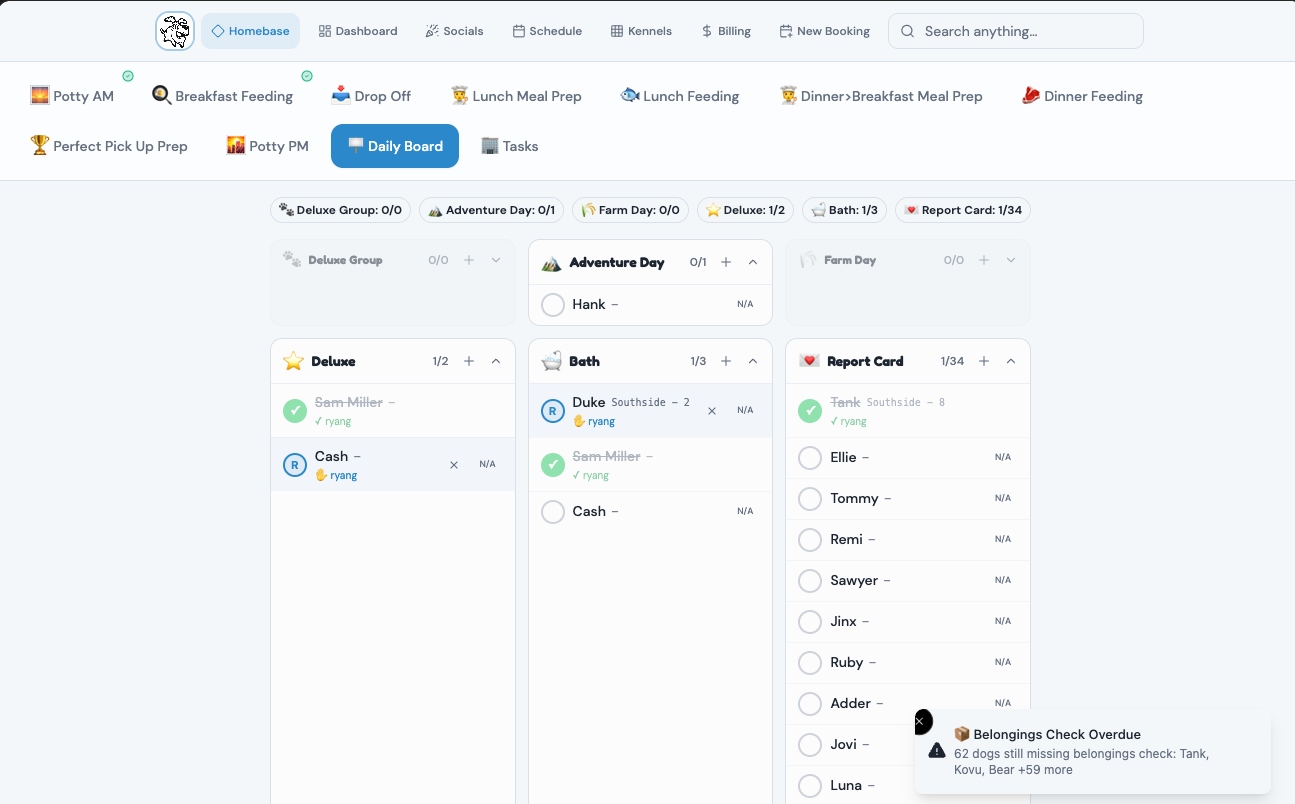 Dog Command Center daily board with Homebase view showing Deluxe, Adventure Day, Bath, and Report Card columns with staff assignments and completion tracking