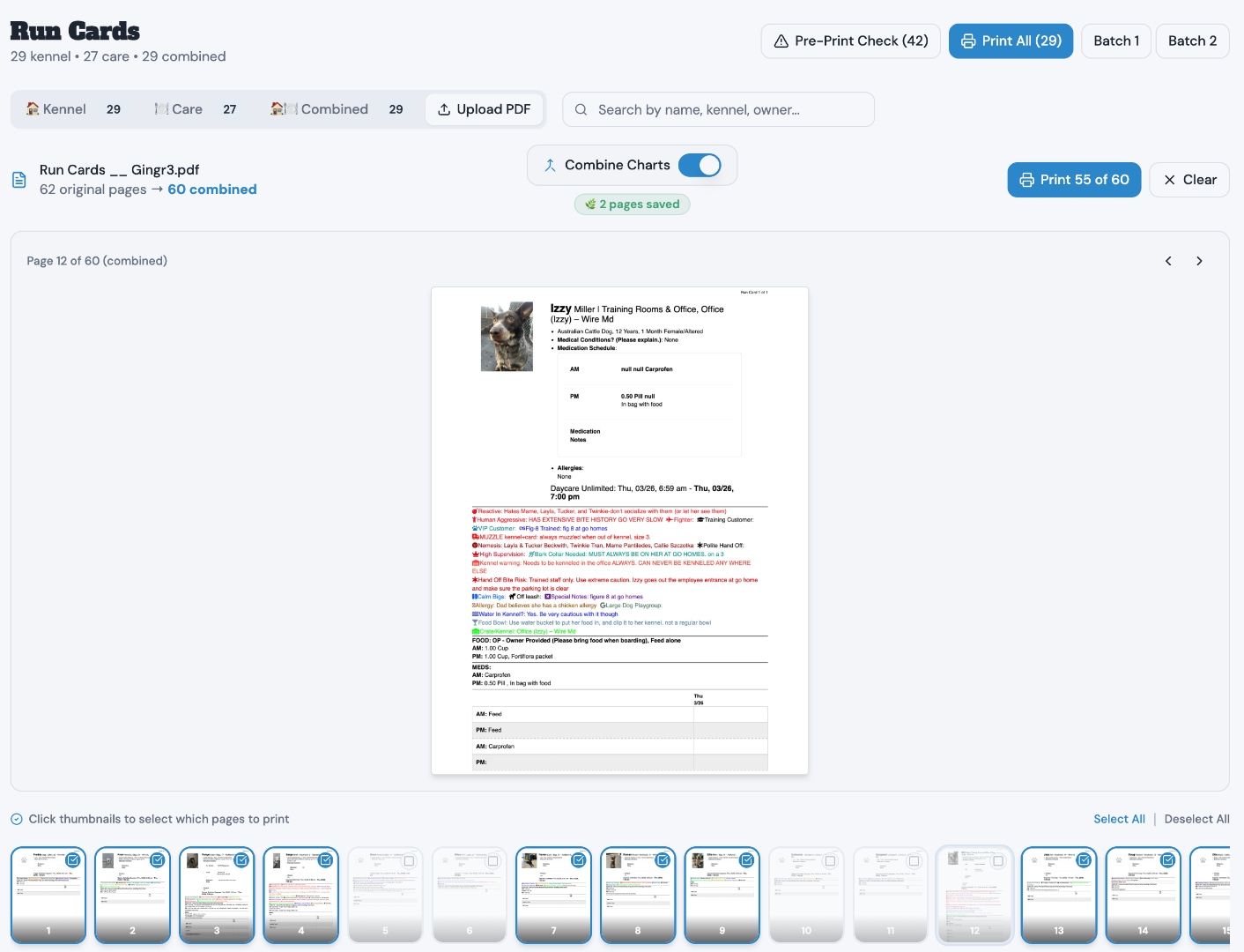 Dog Command Center run cards view showing kennel cards with dog photos, safety icons, handling notes like Reactive and Muzzle alerts, and overnight status banners